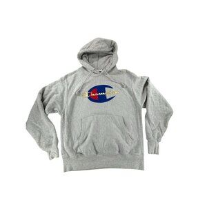 Champion Reverse Weave Hoodie Sweatshirt Medium Gray Embroidered Kangaroo Pocket